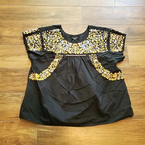 Madewell Blouse Womens Extra Large Black Embroidered Floral Springtime